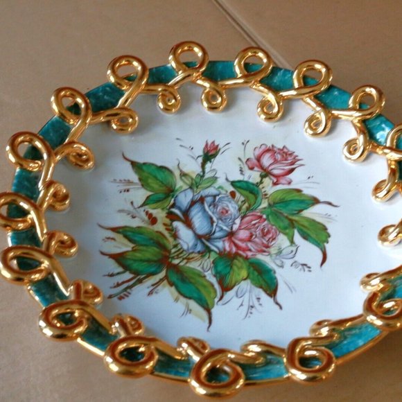 Vintage estate platter bowl majolica MICA ITALY gold loop trim floral design - Picture 5 of 7